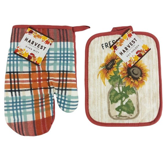 Fall Sunflower Kitchen Dish Towels Potholder Oven Mitt Set Country Rustic Design - Picture 3 of 4